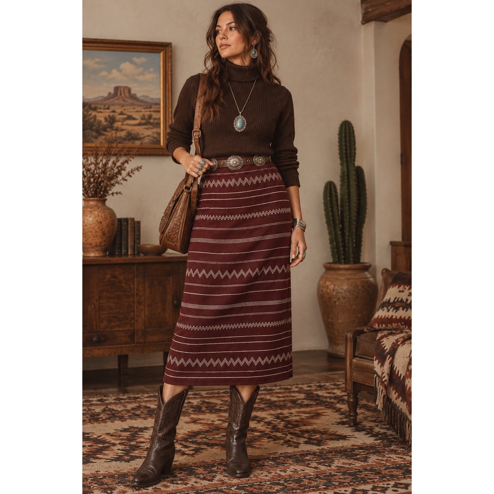 Kasper Petite Burgundy Linen Blend Embroidered Midi Skirt Western Boho 12P Vtg.